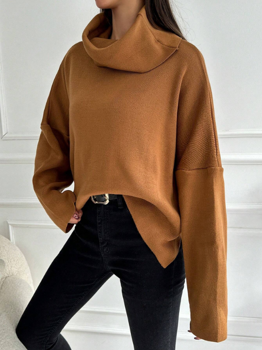 Women's Solid Color High Neck Batwing Sleeve Sweater