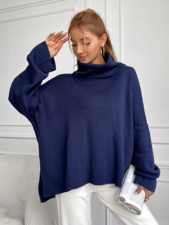 Women's Solid Color High Neck Batwing Sleeve Sweater With Side Slits