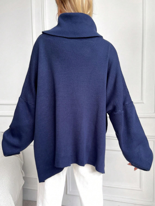 Women's Solid Color High Neck Batwing Sleeve Sweater With Side Slits