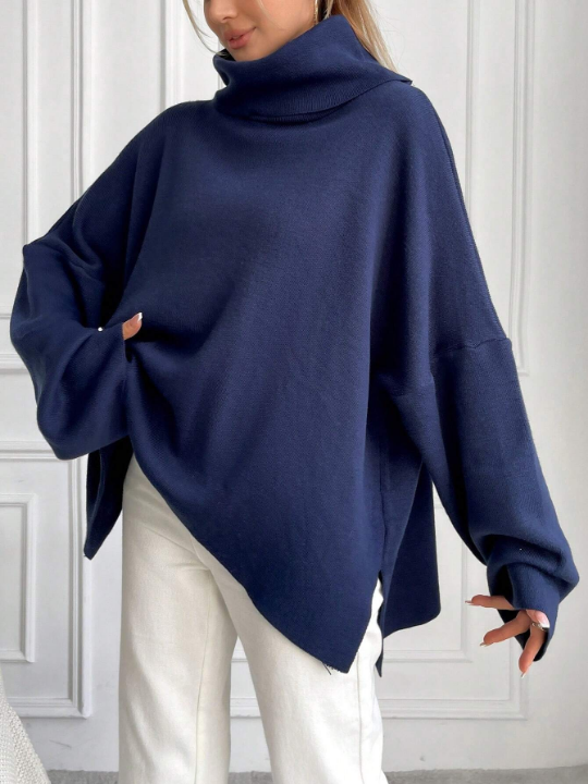 Women's Solid Color High Neck Batwing Sleeve Sweater With Side Slits