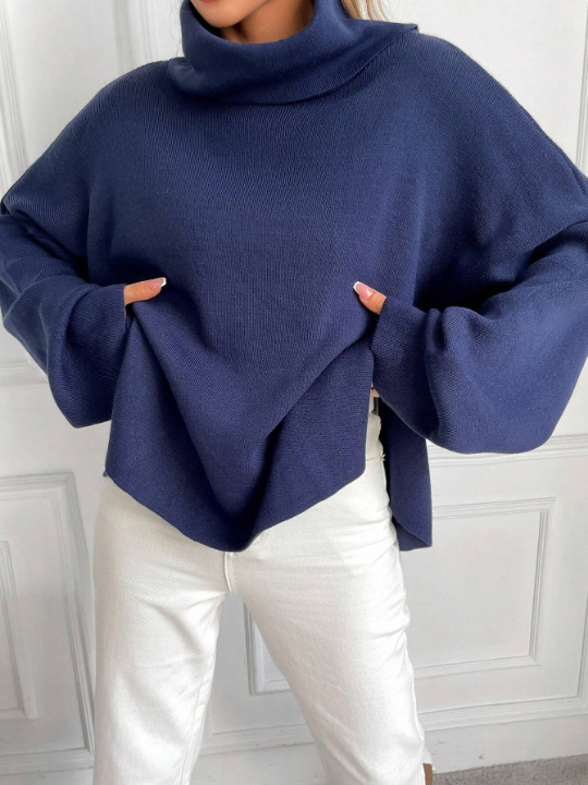 Women's Solid Color High Neck Batwing Sleeve Sweater With Side Slits