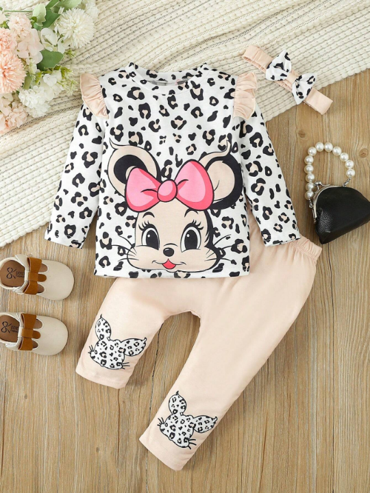 Baby Girls' Cute Printed Leopard & Mouse Patterned Long Sleeve Top And Pants Set