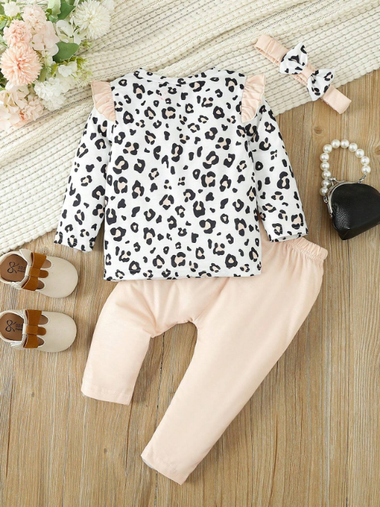 Baby Girls' Cute Printed Leopard & Mouse Patterned Long Sleeve Top And Pants Set