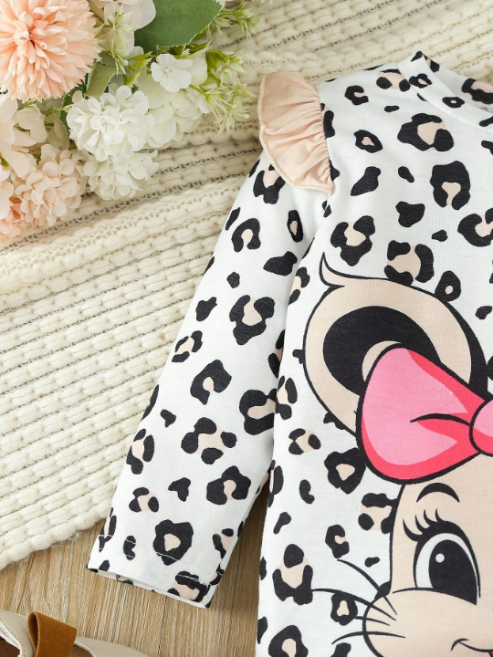 Baby Girls' Cute Printed Leopard & Mouse Patterned Long Sleeve Top And Pants Set