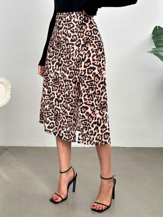 Frenchy Women'S Leopard Print High Slit Skirt