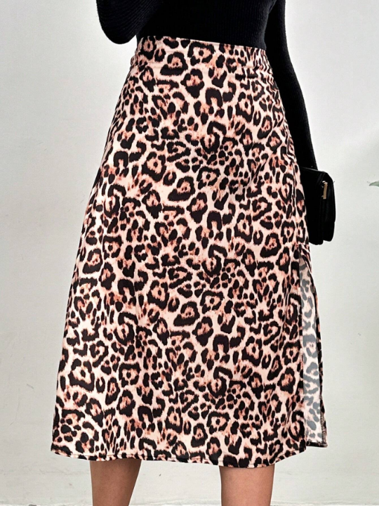 Frenchy Women'S Leopard Print High Slit Skirt