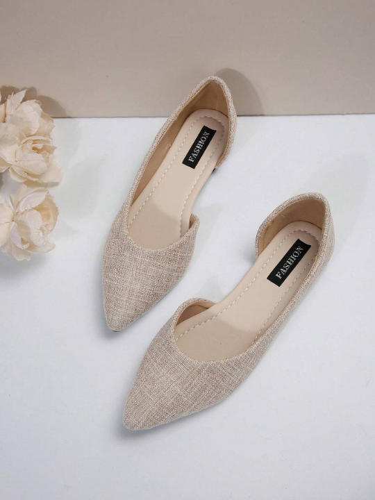 Fashionable Women's Pointed Toe Flat Shoes In Beige Color For Spring And Autumn, Comfortable, Slip Resistant, Hollow Out Design, Suitable For Work, Party, Shopping And Elegant Occasions