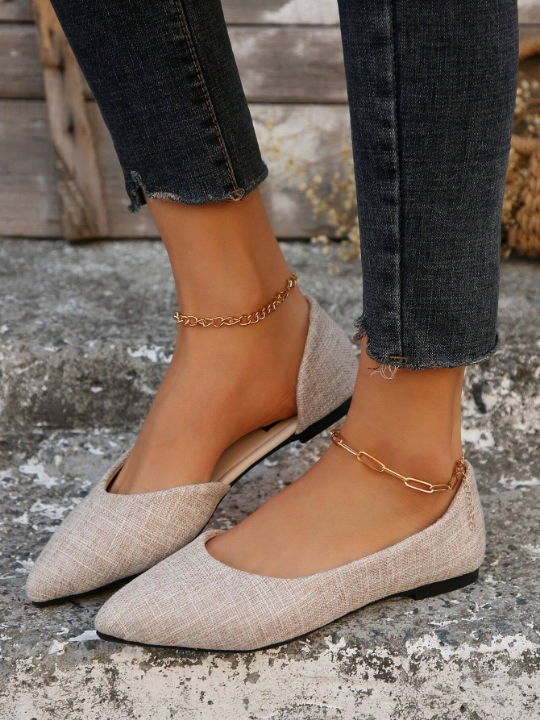 Fashionable Women's Pointed Toe Flat Shoes In Beige Color For Spring And Autumn, Comfortable, Slip Resistant, Hollow Out Design, Suitable For Work, Party, Shopping And Elegant Occasions