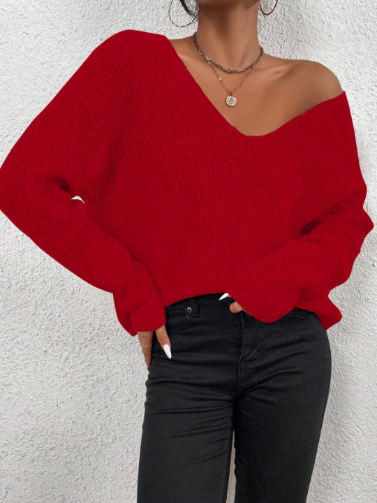 Frenchy V-Neck Loose Fit Drop Shoulder Sweater