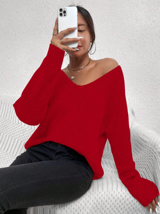 Frenchy V-Neck Loose Fit Drop Shoulder Sweater