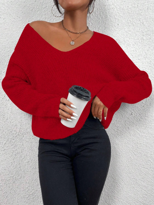 Frenchy V-Neck Loose Fit Drop Shoulder Sweater