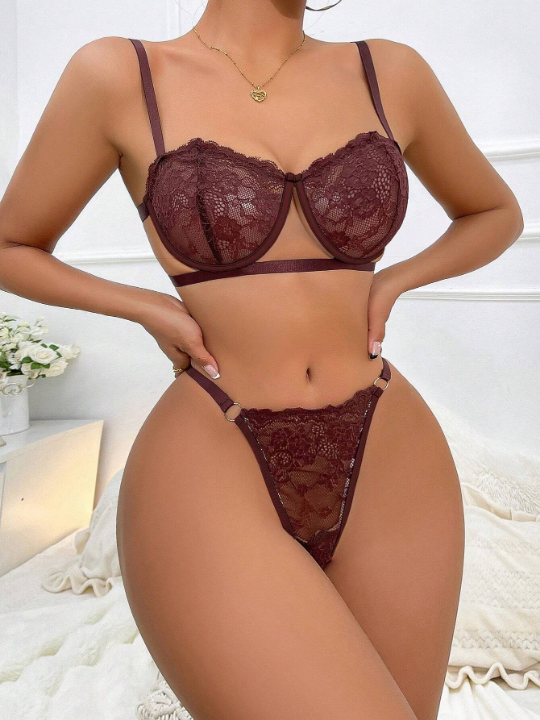 Women's Sexy Lace Lingerie Set Including Underwire Bra And Thong Panties