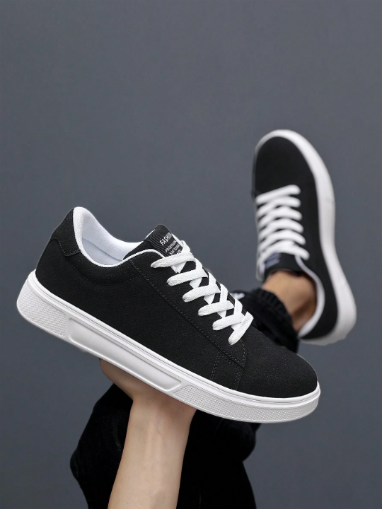 Men's Solid Grey Front Lace-Up Skateboarding Shoes, Minimalist Style Block Detail Round Toe Thick Sole Increasing Sneakers