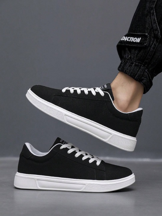 Men's Solid Grey Front Lace-Up Skateboarding Shoes, Minimalist Style Block Detail Round Toe Thick Sole Increasing Sneakers