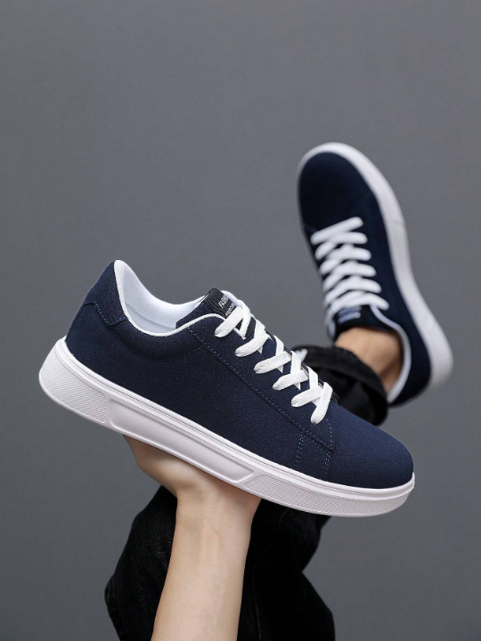 Men's Monochrome Front-Lace Sports Skateboard Shoes, Chic Minimalist Design With Round Toe, Thick Sole & Height Increasing Detail