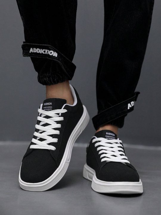 Men's Solid Grey Front Lace-Up Skateboarding Shoes, Minimalist Style Block Detail Round Toe Thick Sole Increasing Sneakers