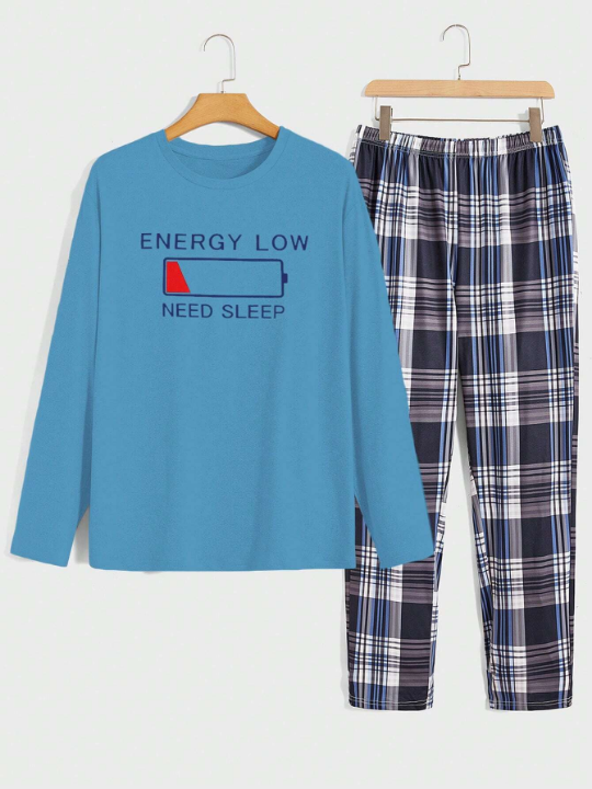 Men's Letter Printed Long Sleeve Plaid Pants Homewear Set