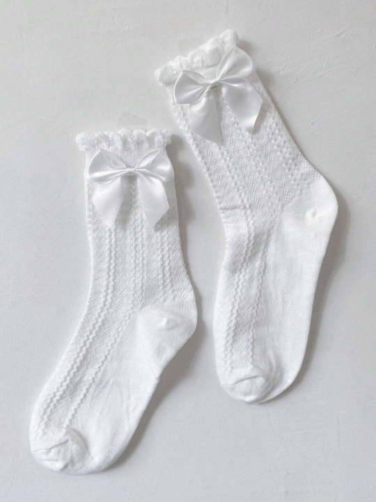 1pair New Spring Ladies' Cute Stacked Socks With Bow Decoration, Suitable As Daily Wearing Socks, Japanese Jk Style