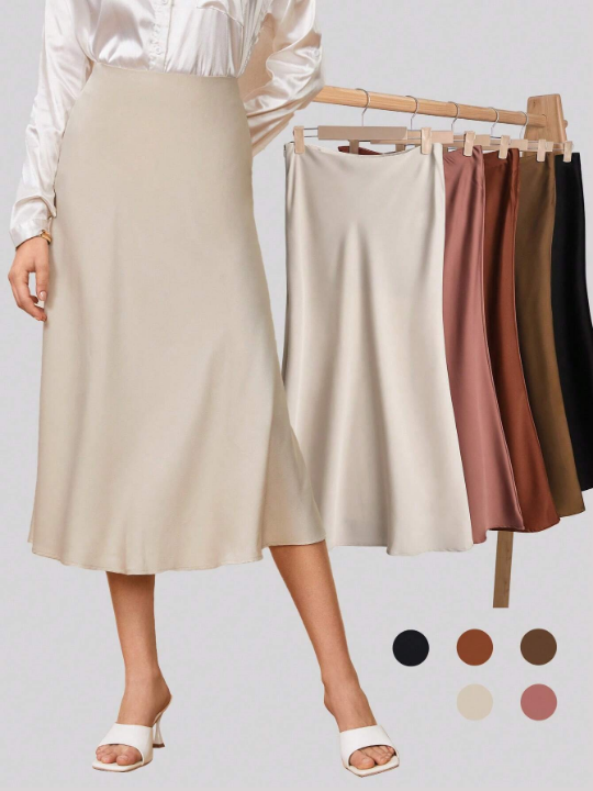 BIZwear Solid Color High-Waisted Satin Midi Skirt For Women's Workwear