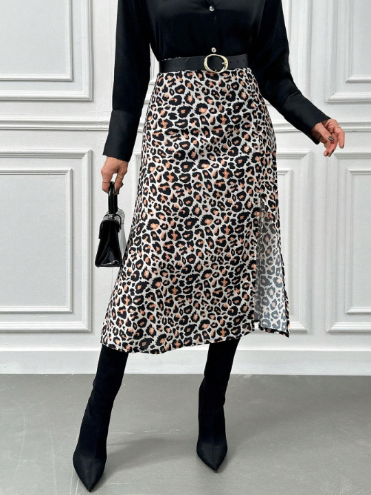 Frenchy Leopard Print Split Hem Skirt