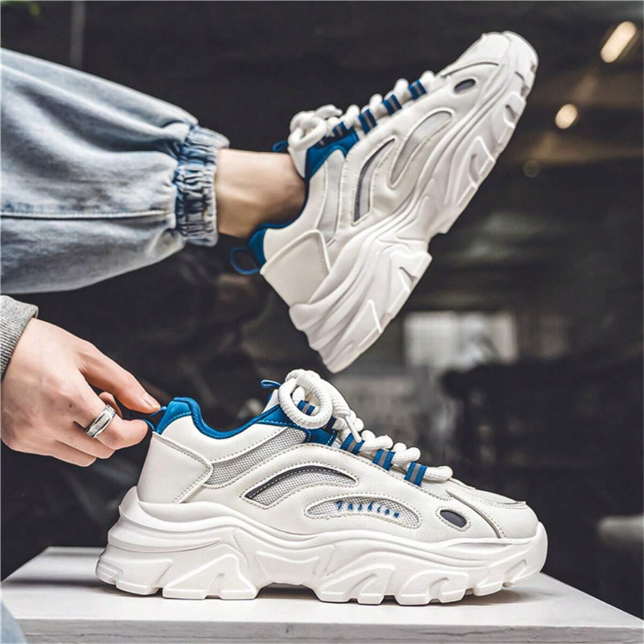 Men's Fashionable Casual Sport Athletic Sneakers For Autumn And Winter In White, Lightweight, Non-slip, Durable, Height-increasing, For Walking And Running