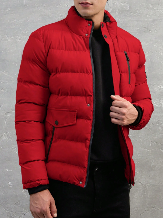 Men's Stand Collar Padded Coat With Patch Detail