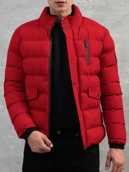 Men's Stand Collar Padded Coat With Patch Detail