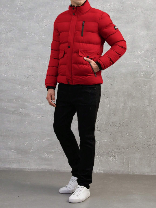 Men's Stand Collar Padded Coat With Patch Detail