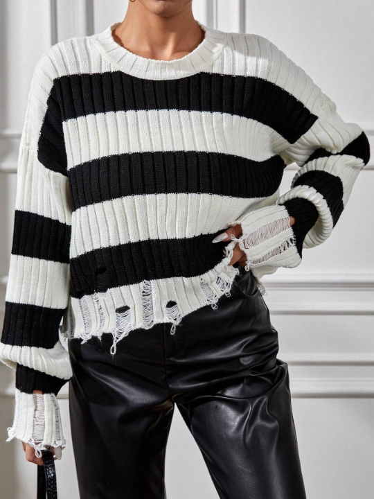 Drop Shoulder Striped Distressed Sweater