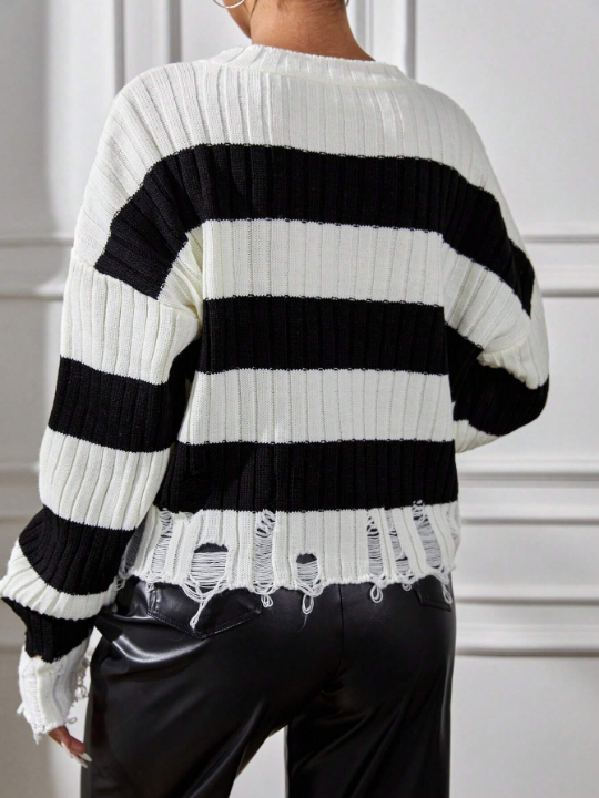 Drop Shoulder Striped Distressed Sweater