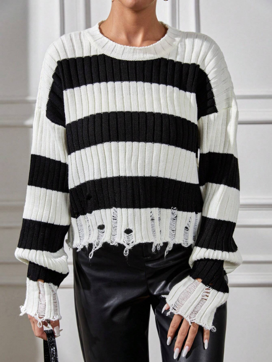 Drop Shoulder Striped Distressed Sweater