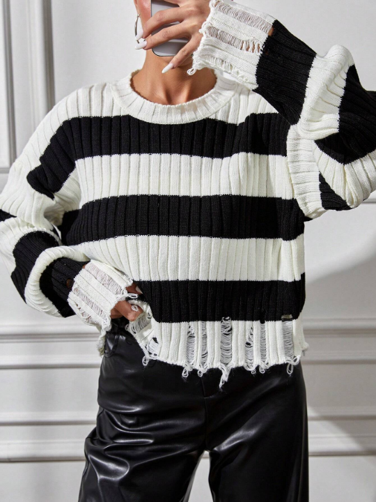 Drop Shoulder Striped Distressed Sweater