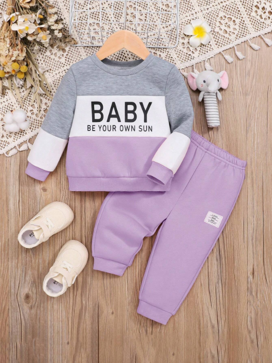 Baby Girl Casual Color Block Slogan Print Sweatshirt And Pants Set, Winter