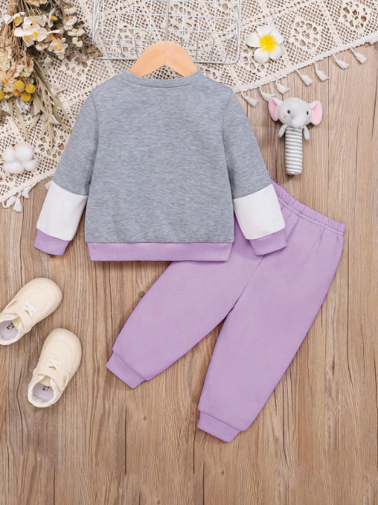 Baby Girl Casual Color Block Slogan Print Sweatshirt And Pants Set, Winter