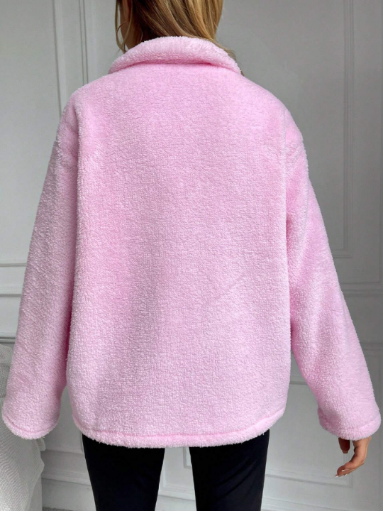 Women's Solid Color Drop Shoulder Fuzzy Jacket