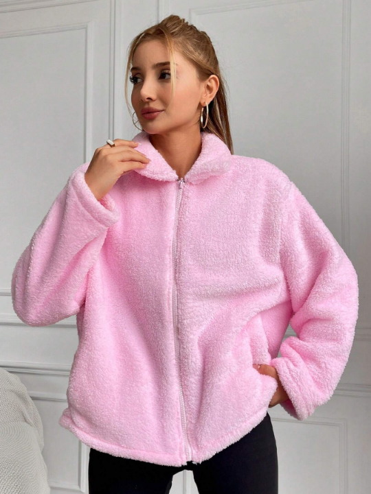 Women's Solid Color Drop Shoulder Fuzzy Jacket