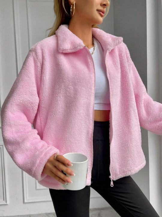 Women's Solid Color Drop Shoulder Fuzzy Jacket