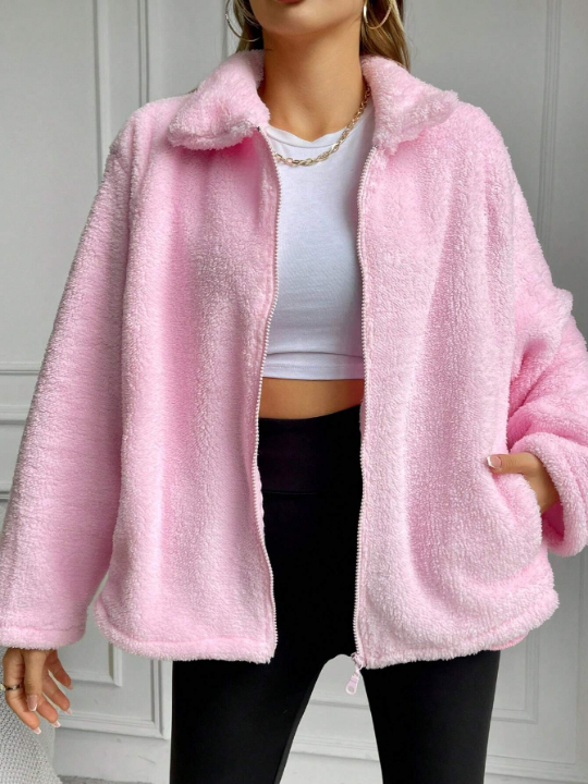 Women's Solid Color Drop Shoulder Fuzzy Jacket