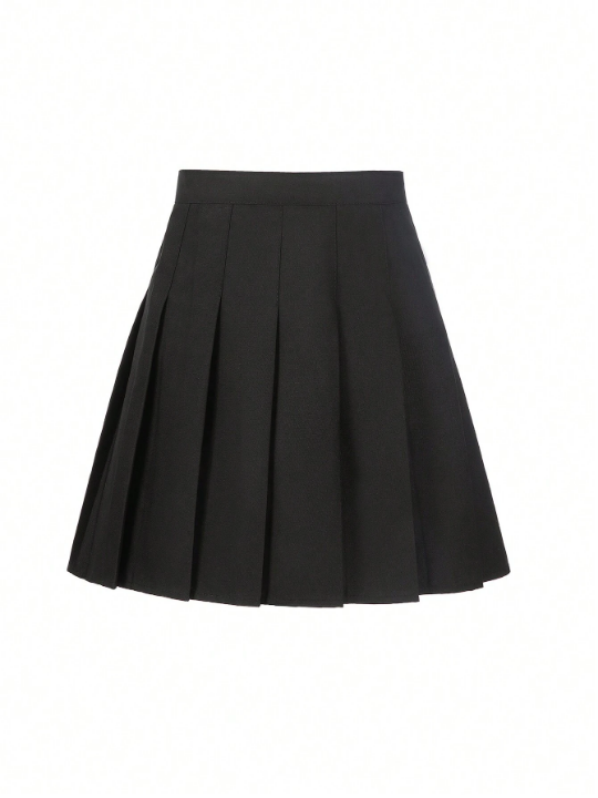 Tween Girl Sports Skater Solid Color Short Skirt With Elastic Waistband & Pleats, Suitable For School Uniform Or Performance, Black