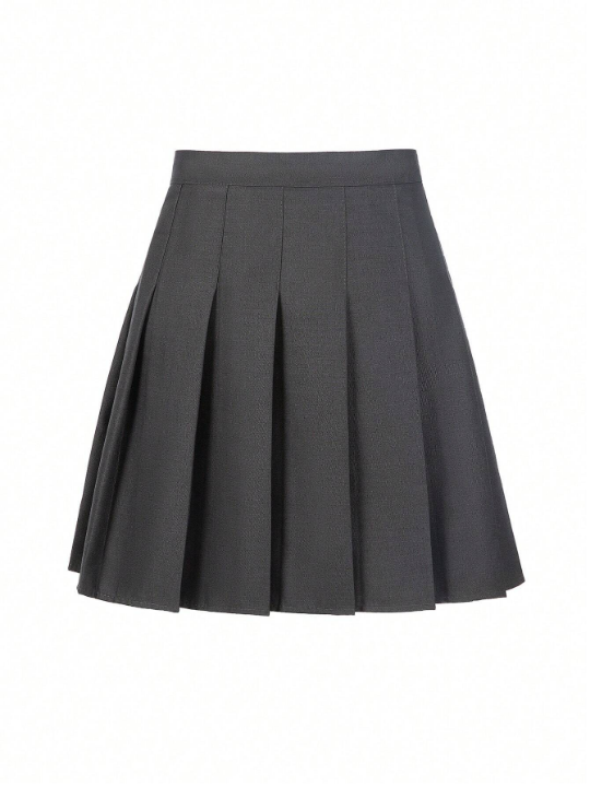 Tween Girl Sports Elastic Waist Pleated Skirt For Skateboarding In Solid Color, Perfect For School Uniform Or Performance, Dark Grey