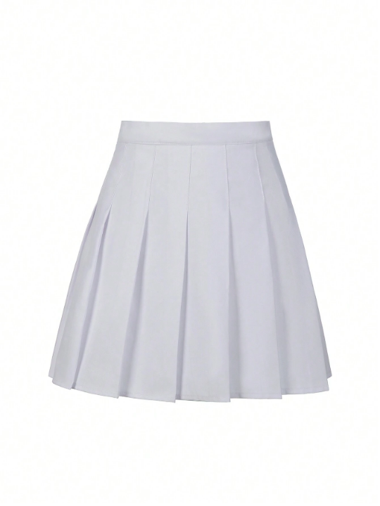 Tween Girl Sports Skateboard Solid Color Pleated Mini Skirt With Elastic Waistband & Creases White, Suitable For School Uniform Or Performance