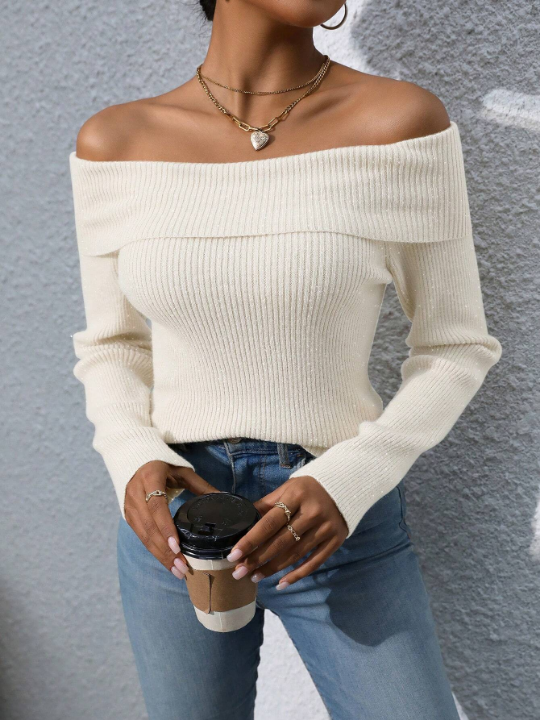 Priv Women's Off-shoulder Ribbed Knit Long Sleeve Sweater