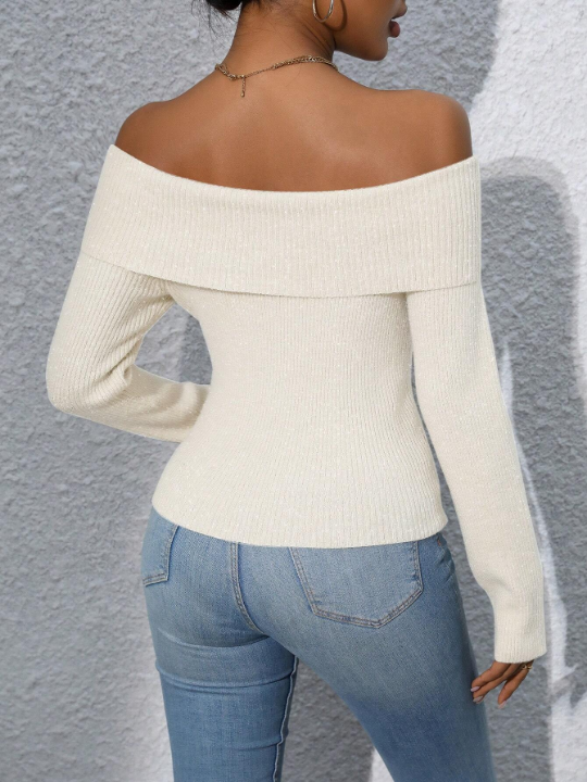 Priv Women's Off-shoulder Ribbed Knit Long Sleeve Sweater