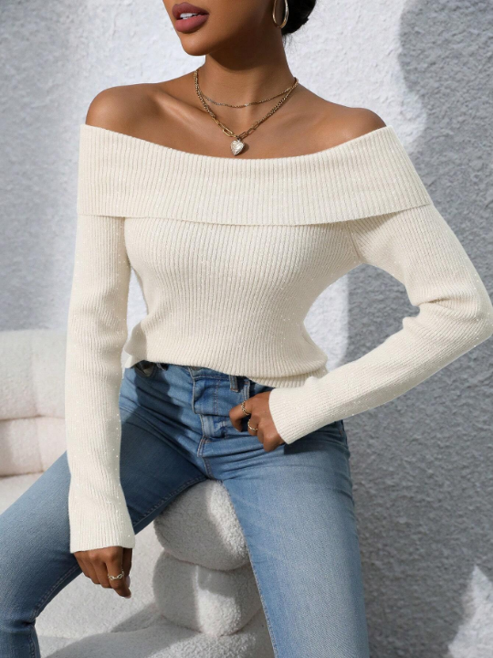 Priv Women's Off-shoulder Ribbed Knit Long Sleeve Sweater