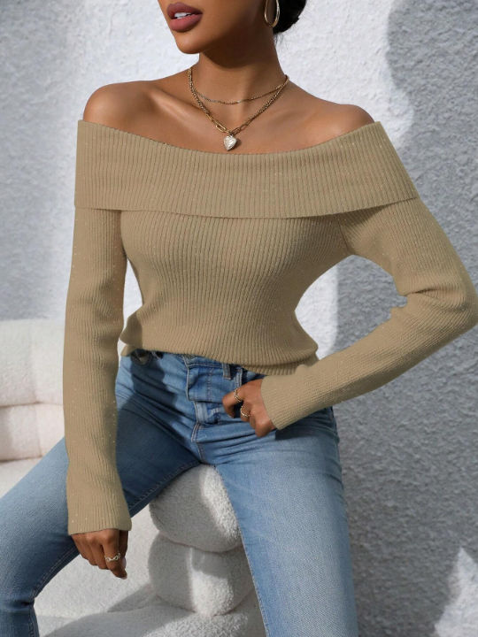 Priv Women's One Shoulder Knitted Sweater With Distressed Detail Long Sleeve