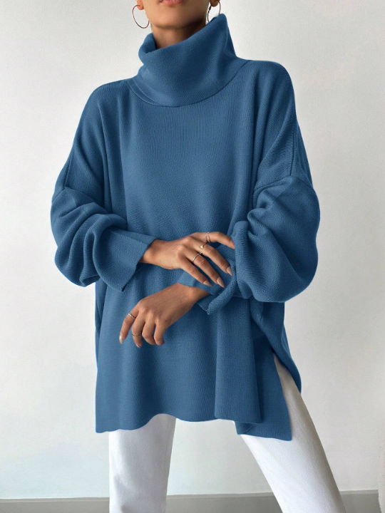 Women's Turtleneck Drop Shoulder Split Hem Sweater