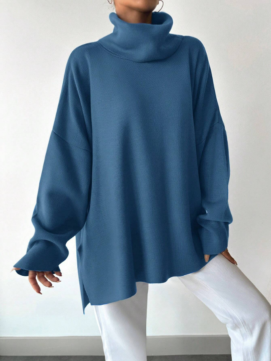 Women's Turtleneck Drop Shoulder Split Hem Sweater