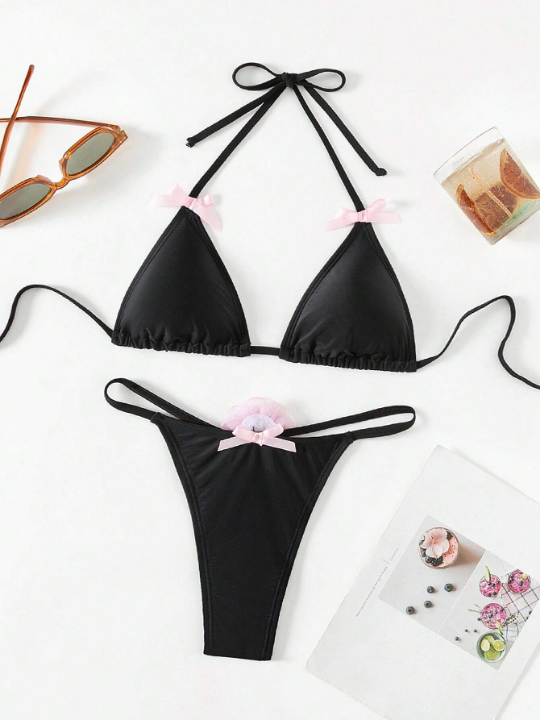 Solid Color Halter Triangle Bikini Set