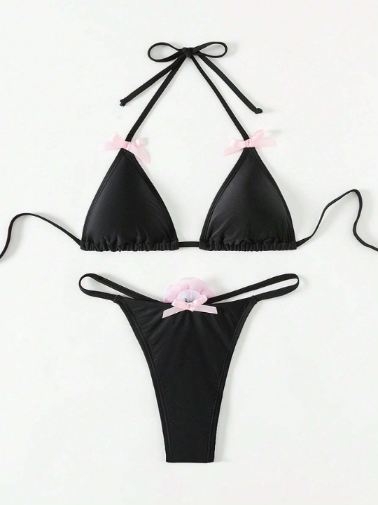 Solid Color Halter Triangle Bikini Set