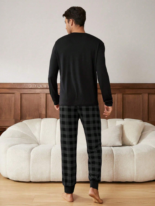 Men's 1pc Long Sleeve T-shirt And 1pc Plaid Trousers Loungewear Set